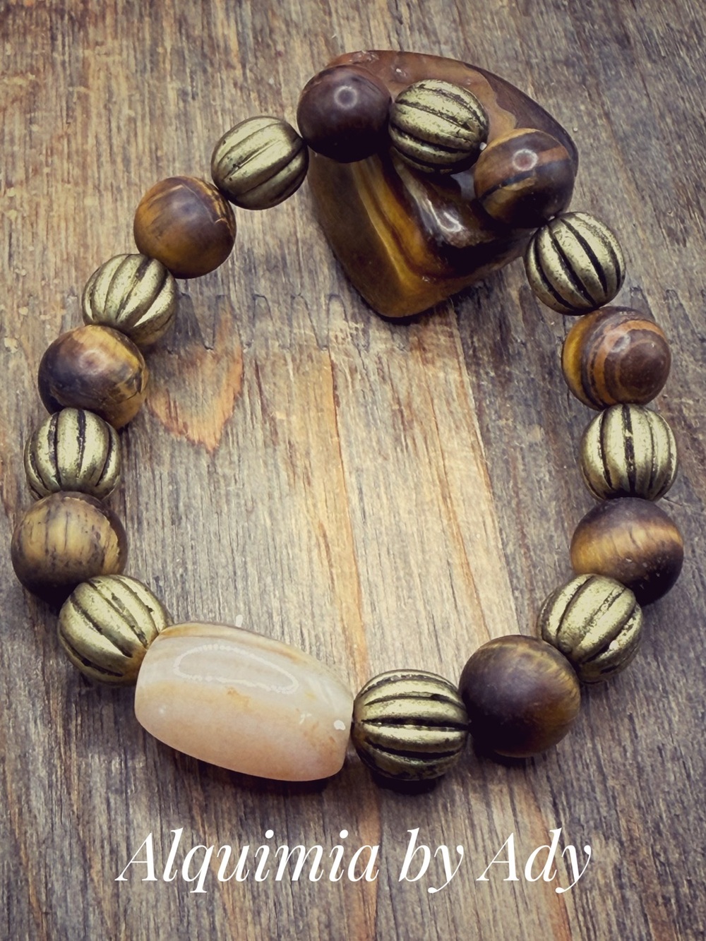 Brown & Gold Natural Stone and Ribbed Bead Bracelet TIGER EYE + AGATE